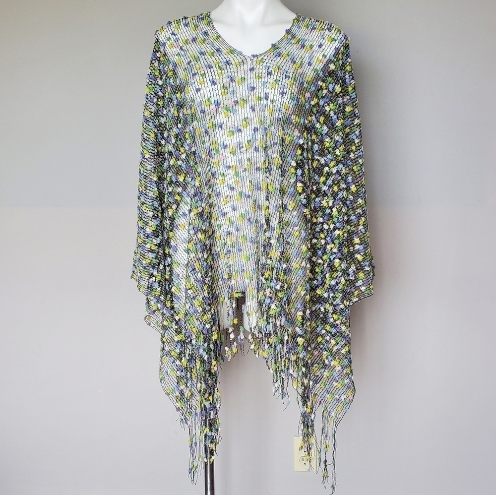 Bohoemian Multi-Color Fringe Open Knit Chenille Pom Pom Poncho